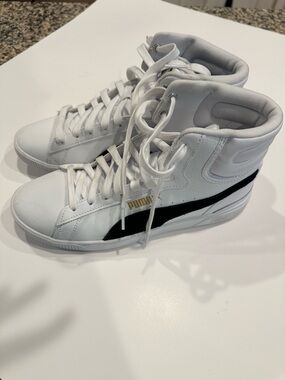 Puma White and Black High-Top Sneakers with Gold Logo